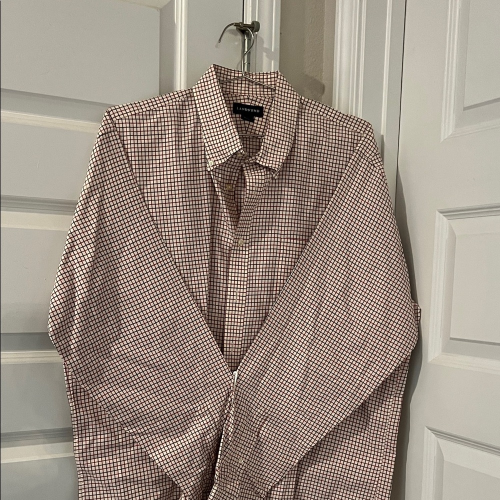 Lands' End Men's Red and White Plaid Shirt